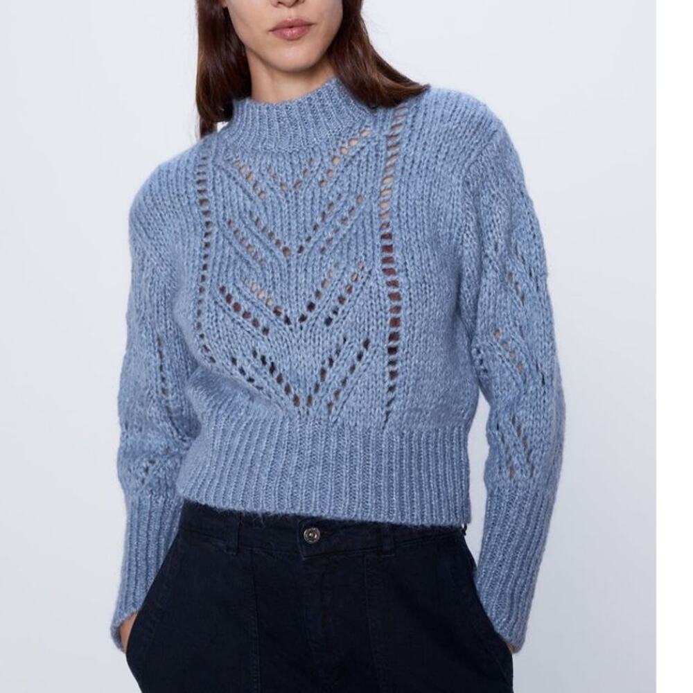 Zara Pointelle Chunky Knit Blue Mock Neck Long Sleeve Womens Sweater Large